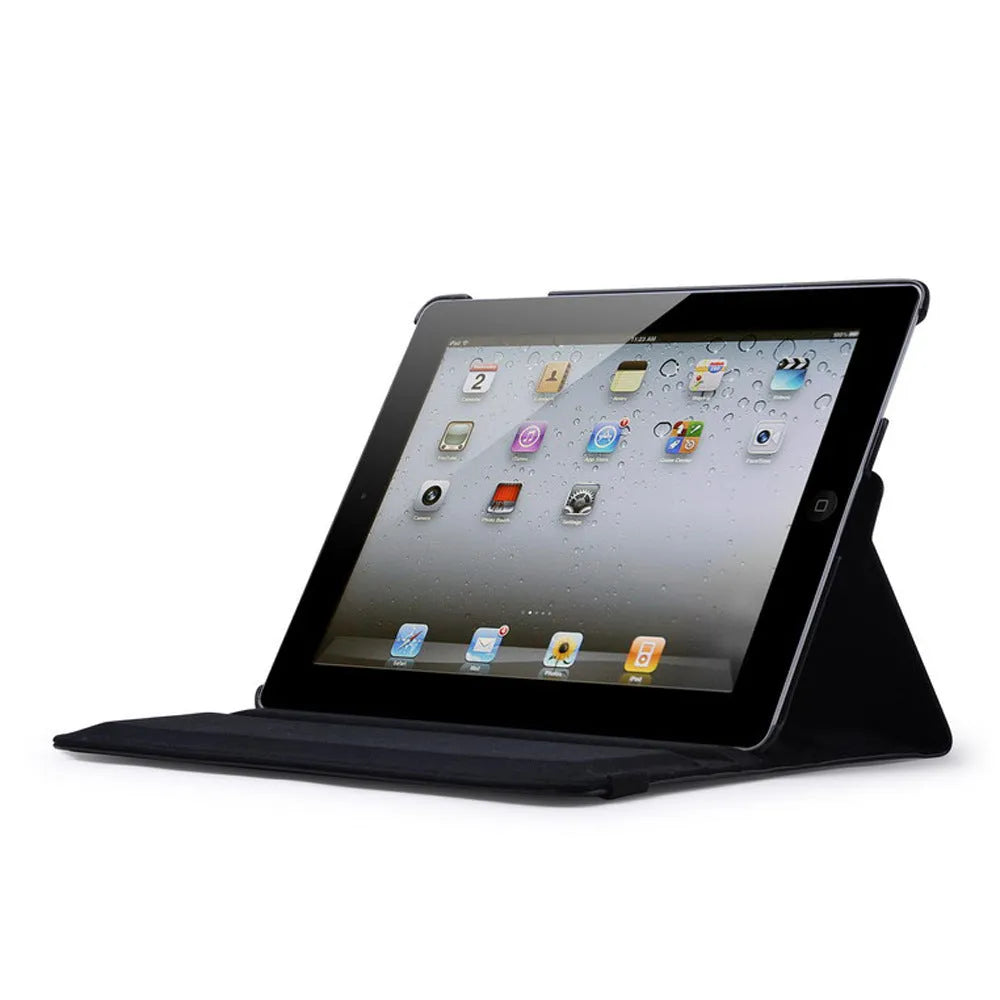 PU leather iPad case with clam shell design showing magnetic sleep function compatibility with multiple iPad models