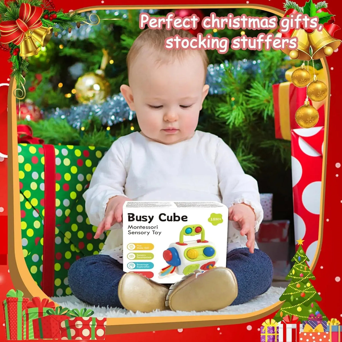 9-in-1 busy cube baby toddler toy, plastic Montessori sensory fidget busy board, 12.5 x 10 x 11cm