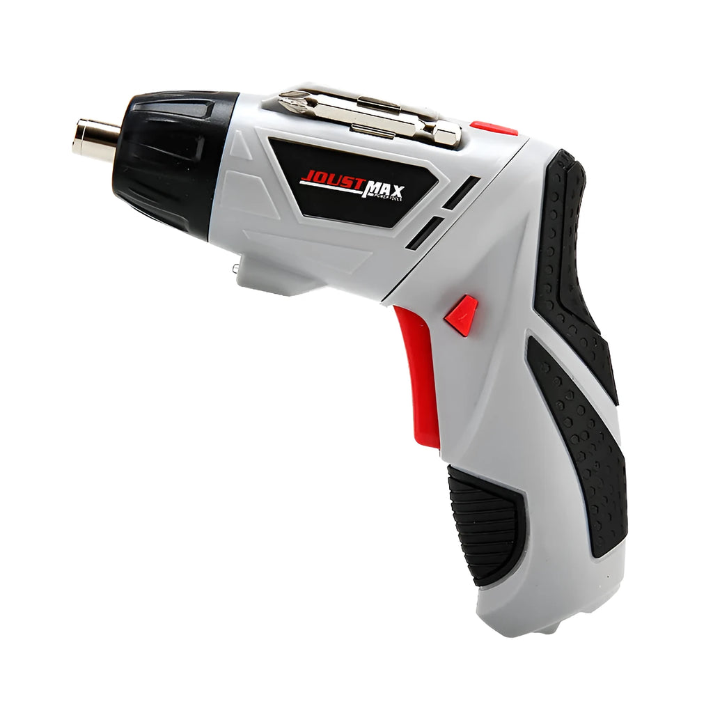 4.8V rechargeable electric screwdriver set with blue body, rotating handle, and battery indicator light on a grey background