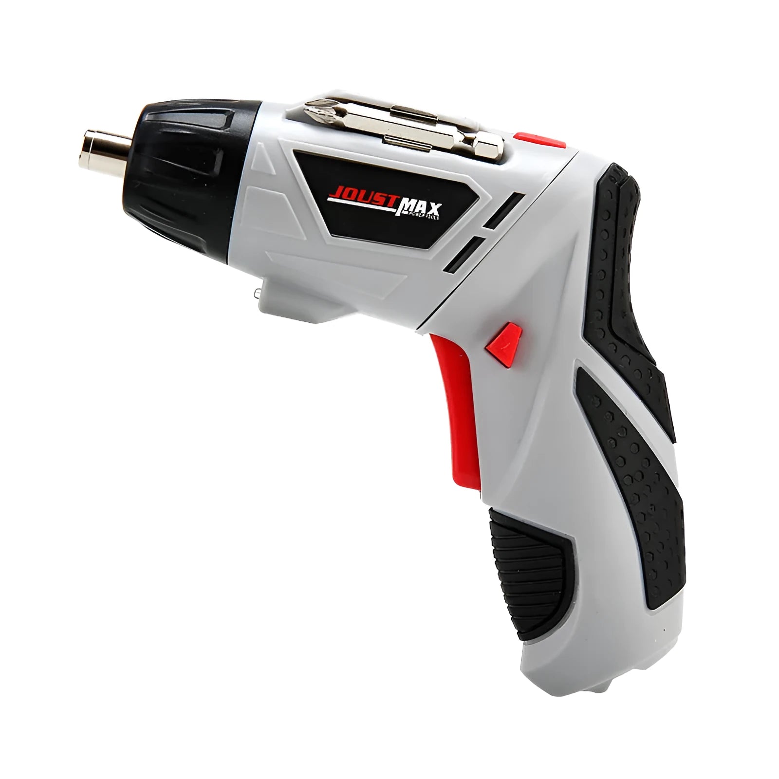 4.8V rechargeable electric screwdriver set with blue body, rotating handle, and battery indicator light on a grey background