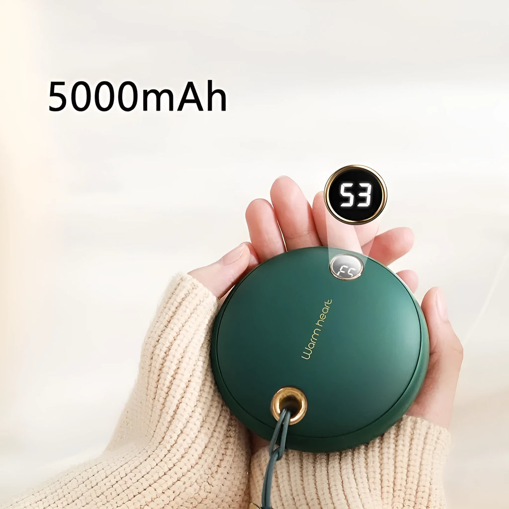 Green portable power bank with digital display, functioning as a hand warmer, shown next to its USB Type-C cable.