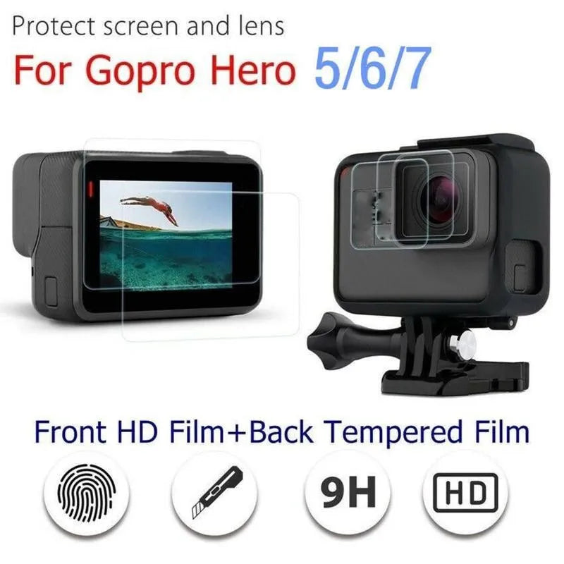 GoPro Hero 5 6 7 tempered glass screen and lens protector films set on a white background.