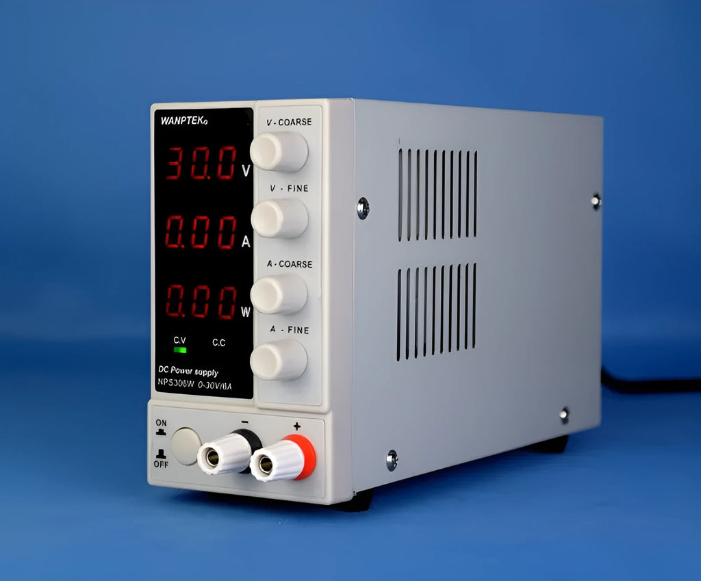 White adjustable DC power supply unit with voltage and current controls for electronics testing