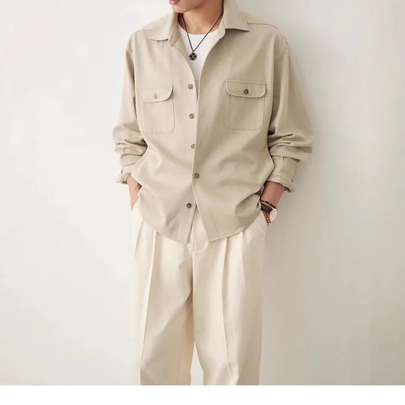 Men's long sleeve lapel collar shirt in chemical fibre blend fabric, shown in light sand rice colour.
