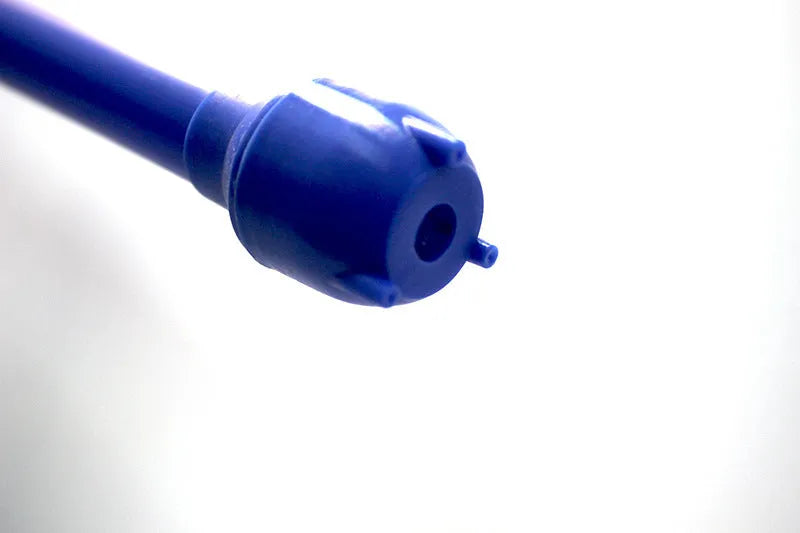 Blue manual hand siphon pump for transferring fuel and oil.