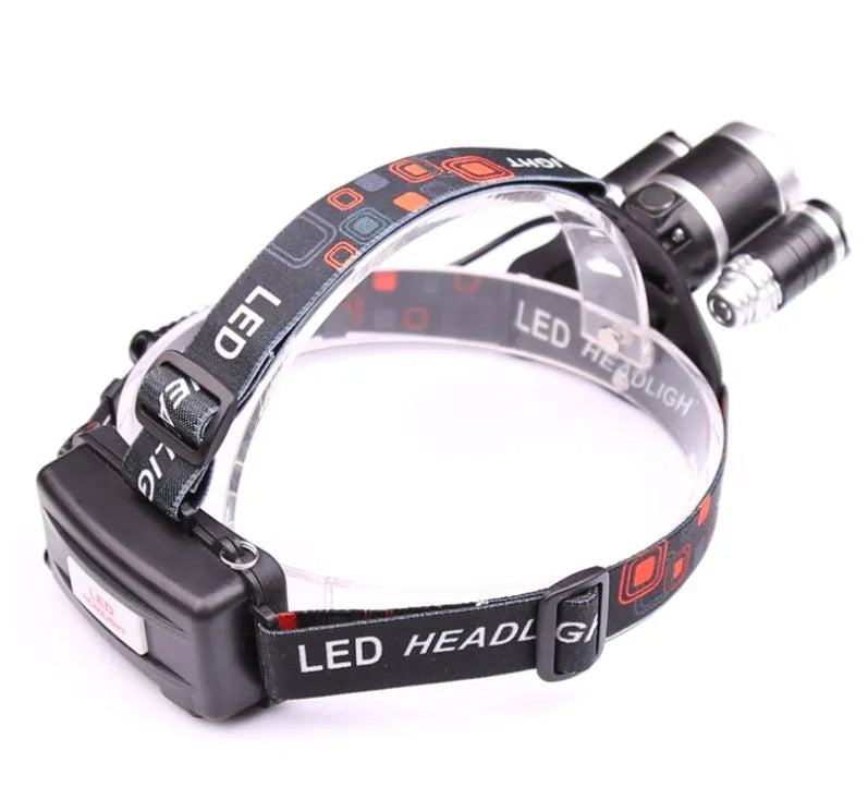 Gold LED head torch with adjustable headband, zoom lens, and sensor switch on the front housing.