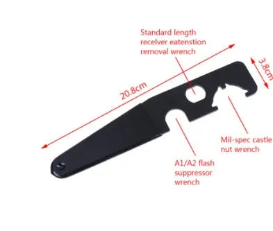Black steel and rubber multi-function tactical wrench on dark surface showing slim 20.8cm profile