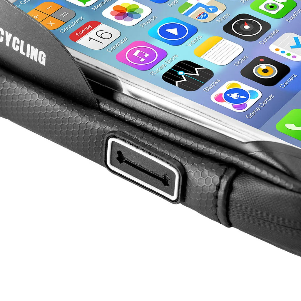 Black bicycle handlebar bag with transparent touch screen phone mount and rotating base mounted on a bike