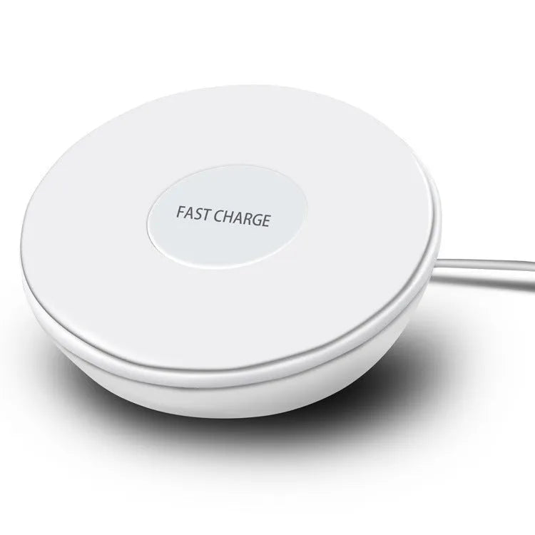 White wireless charging pad with digital clock display and control buttons for QI smartphone charging
