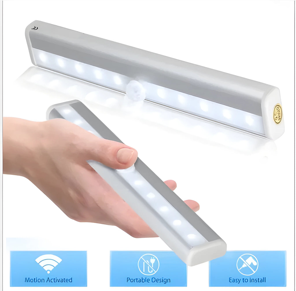 Ultra-thin aluminium alloy LED sensor light, 190x30x16mm, with infrared motion detection for cabinet or wardrobe use, white light option