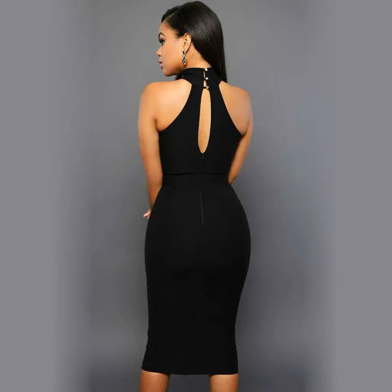 Women sleeveless black milk silk bodycon dress with stretch fit, full body view