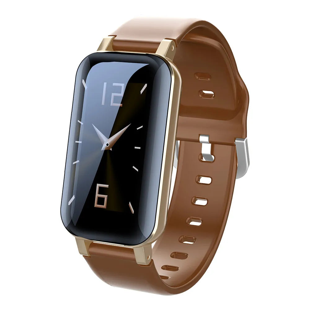 Call Bracelet smart wearable in black, blue, or coffee colour with heart rate sensor.