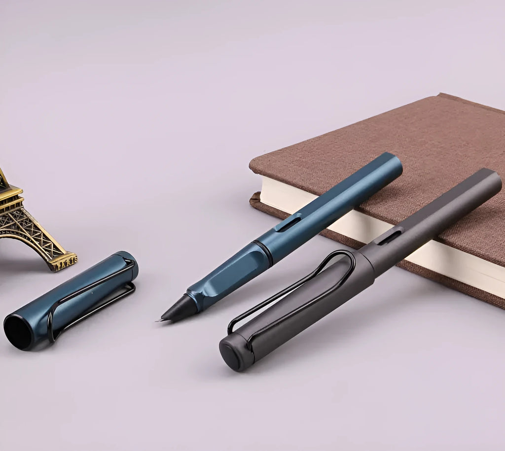 Frosted ink bag fountain pen showing black or blue ink options with choice of nib sizes