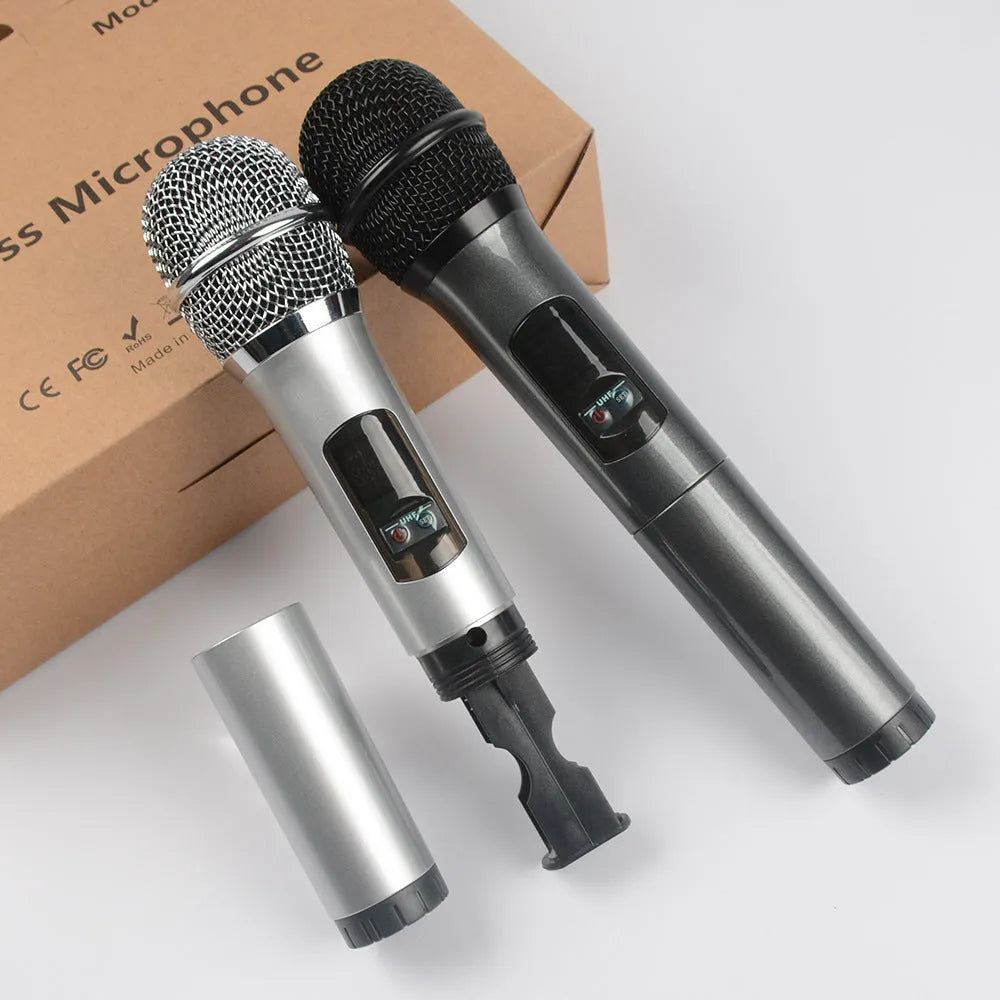 Ane For Two K18U wireless microphone system with two handheld dynamic microphones in silver black and silver white, receiver, and cables