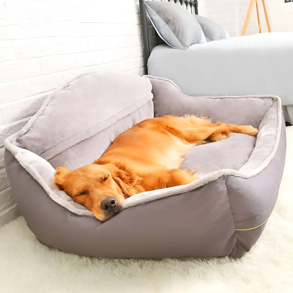 Grey dog sofa bed with raised edges and polyester cover, shown in XL size