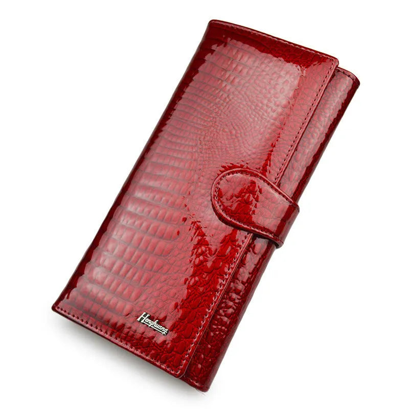 Wine red crocodile-pattern patent leather women's coin purse with pigskin lining