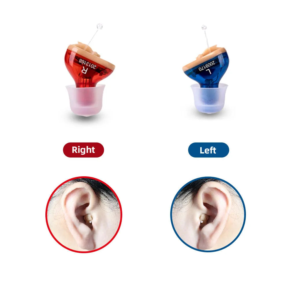 Q10 wireless mini invisible hearing aid in red and blue plastic casing