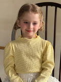 Girls' yellow floral knitted pullover with wooden ear detail and bubble sleeves, cotton, long sleeve