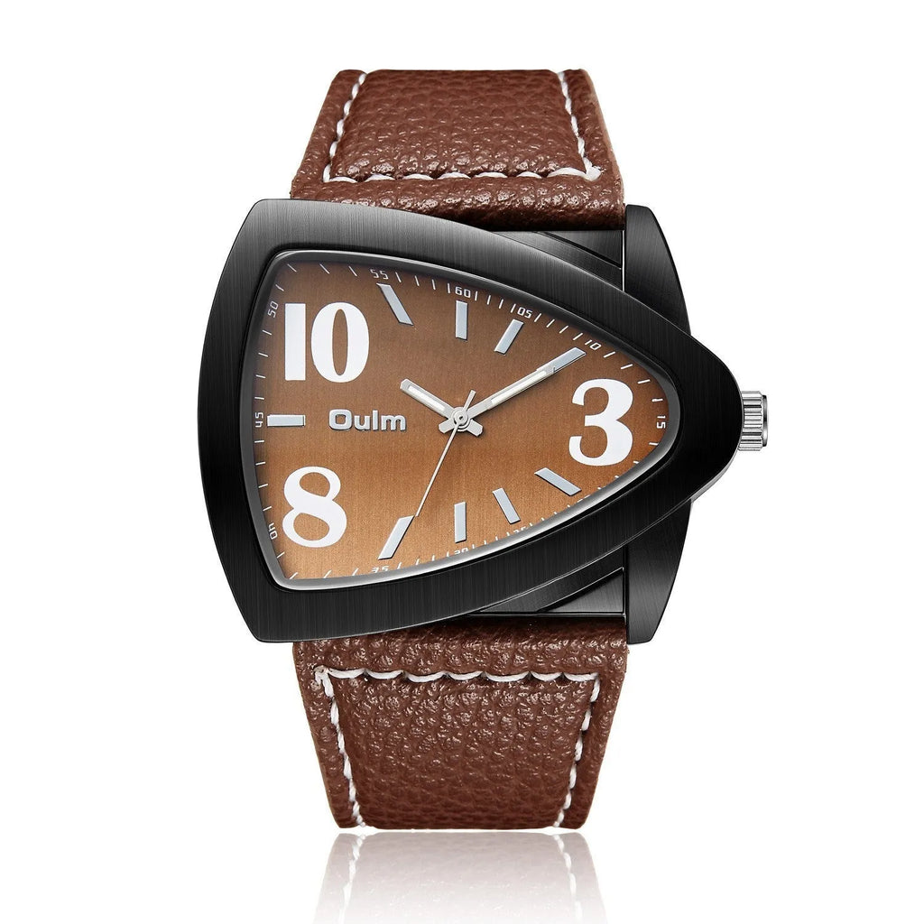 Men's slim casual watch with a triangle belt strap, shown in brown, black, and blue colour options.