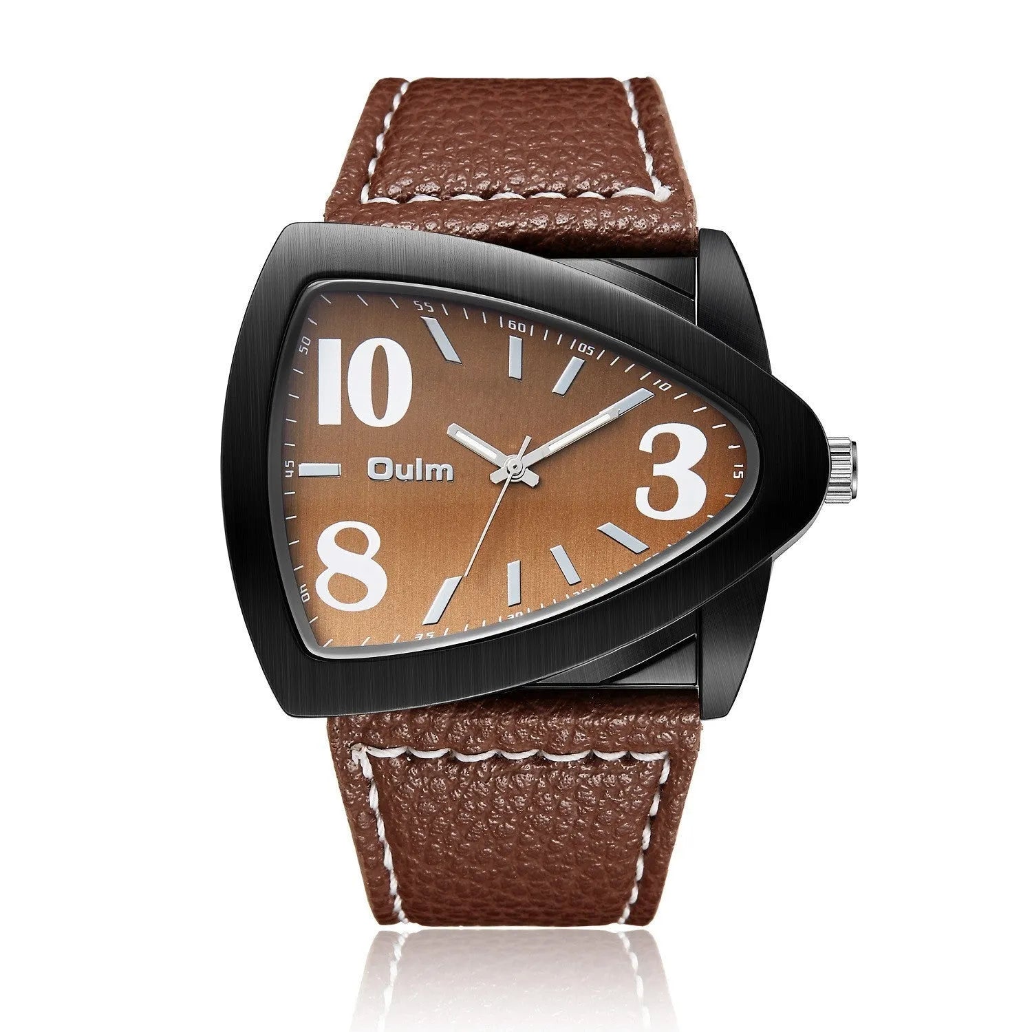 Men's slim casual watch with a triangle belt strap, shown in brown, black, and blue colour options.