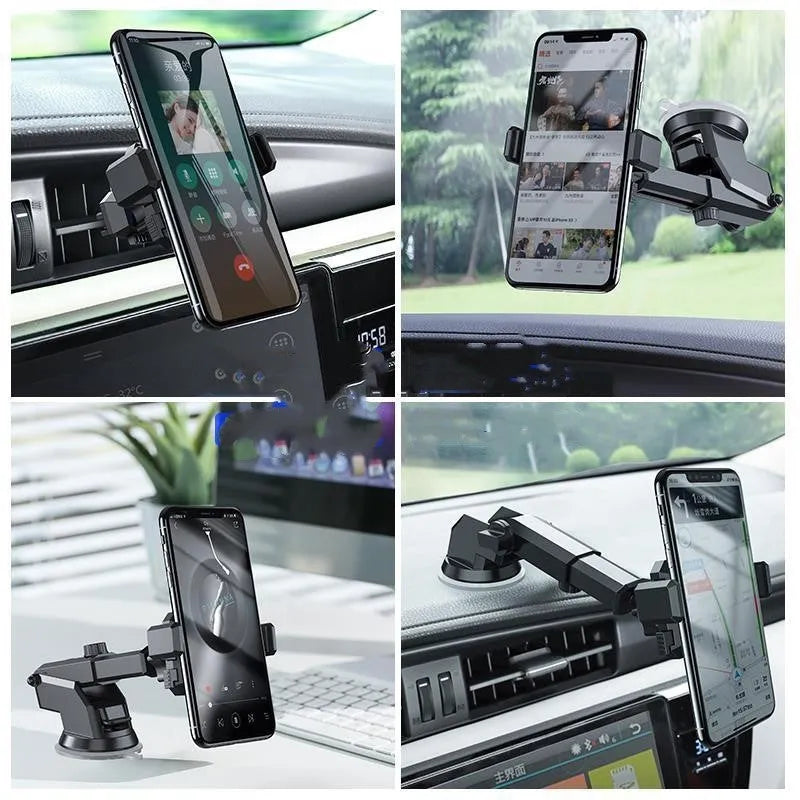 S1 universal car phone holder with suction cup and air outlet mount, retractable clamp, 360 degree rotation, fits phones 59-83mm wide