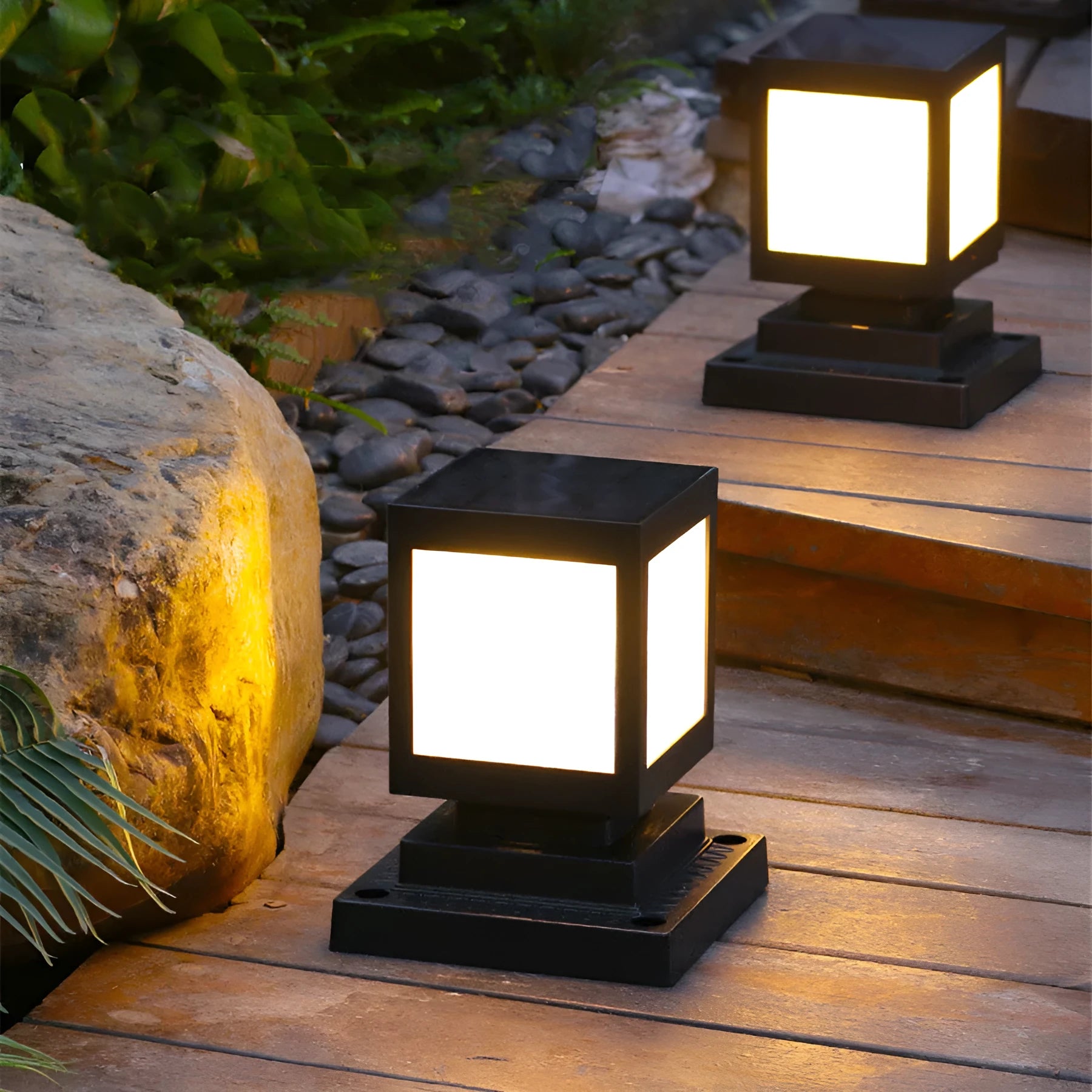 Solar-powered waterproof garden lights with LED illumination for outdoor landscape use