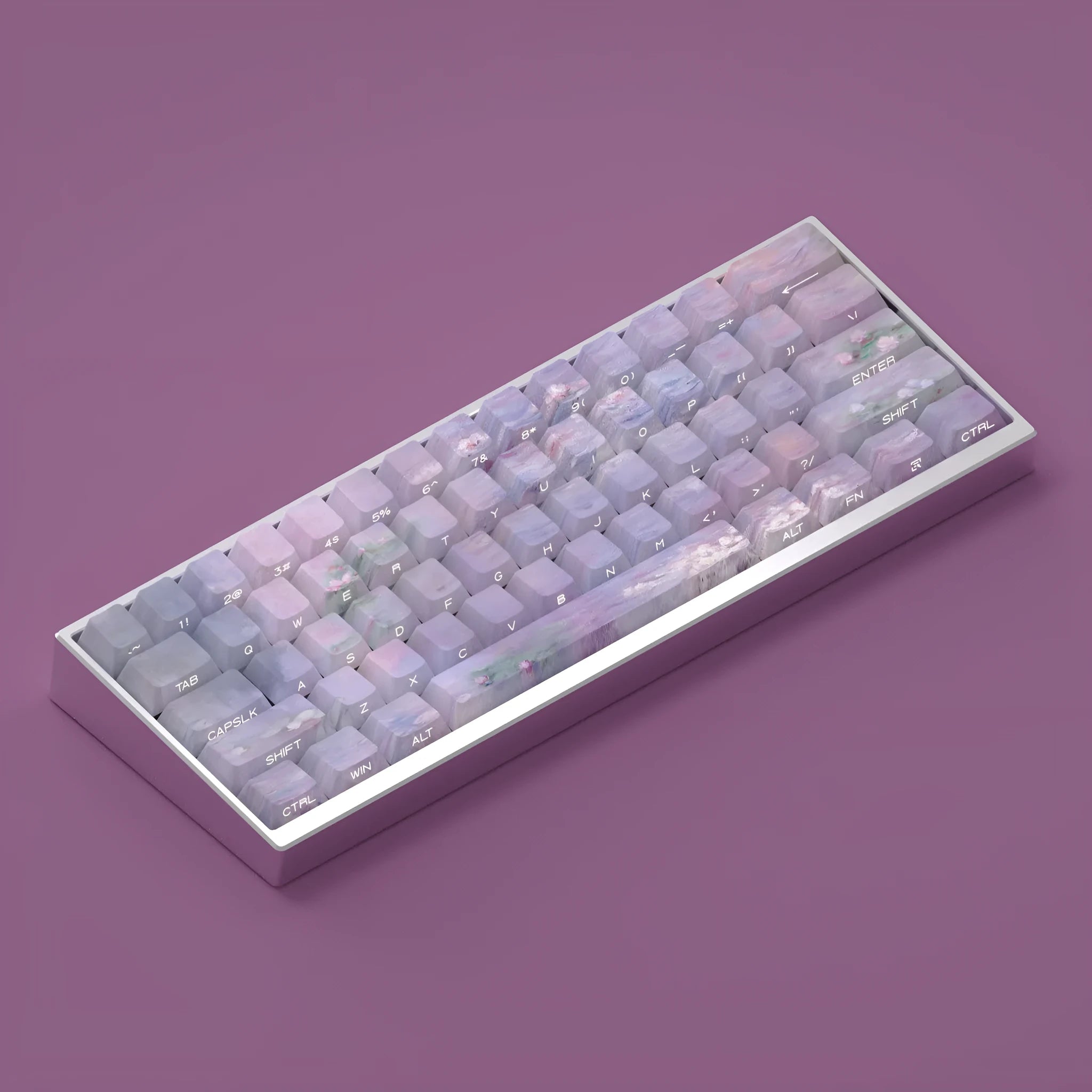 Wenshao Sleeping Lotus PBT keycap set with 130 side-carved light-transmitting keys for mechanical keyboards.