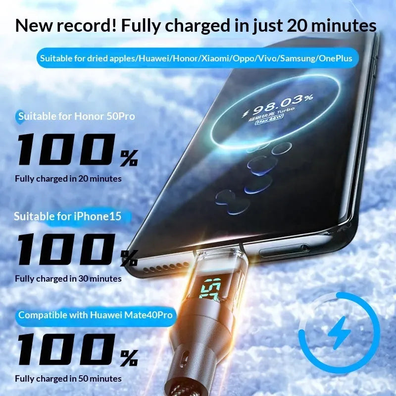 Black braided nylon Type-C cable with digital display showing charging wattage