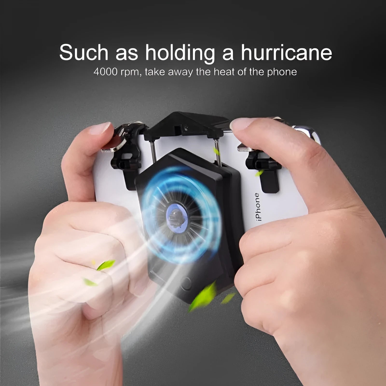 Black mobile phone radiator cooling fan clipped onto smartphone showing USB connection