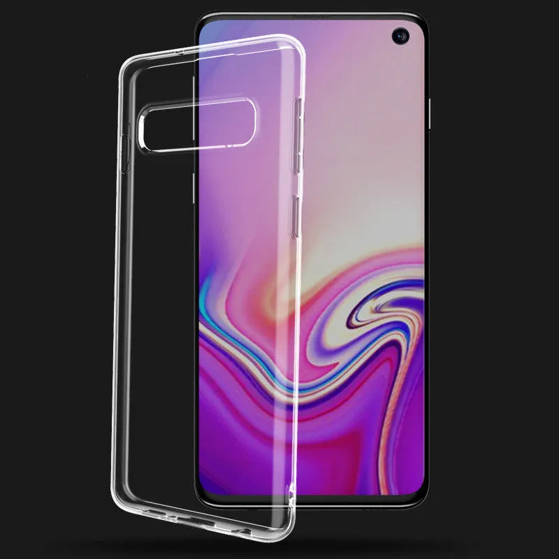 Transparent TPU phone case for Samsung S10, S10e and S10 Plus models showing front and back views