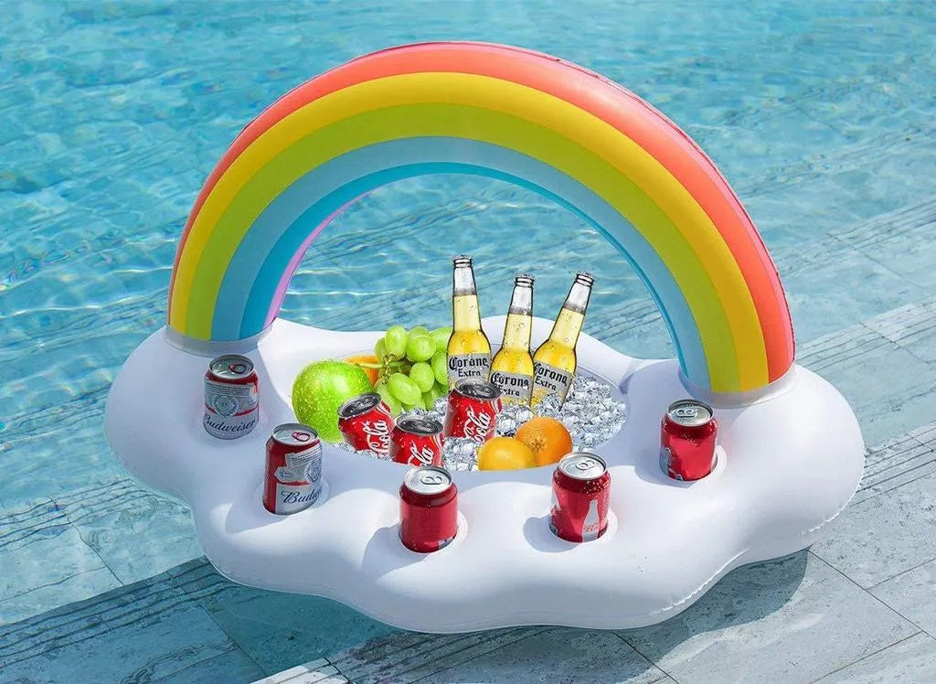 Rainbow inflatable pool float cooler with cloud shape and four glass holders floating on blue water