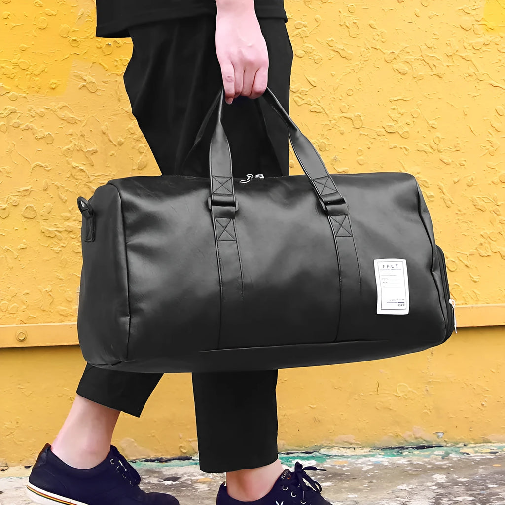 Black waterproof sports bag with separate shoe compartments and diagonal straps in two size options