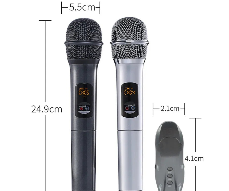 Ane For Two K18U wireless microphone system with two handheld dynamic microphones in silver black and silver white, receiver, and cables