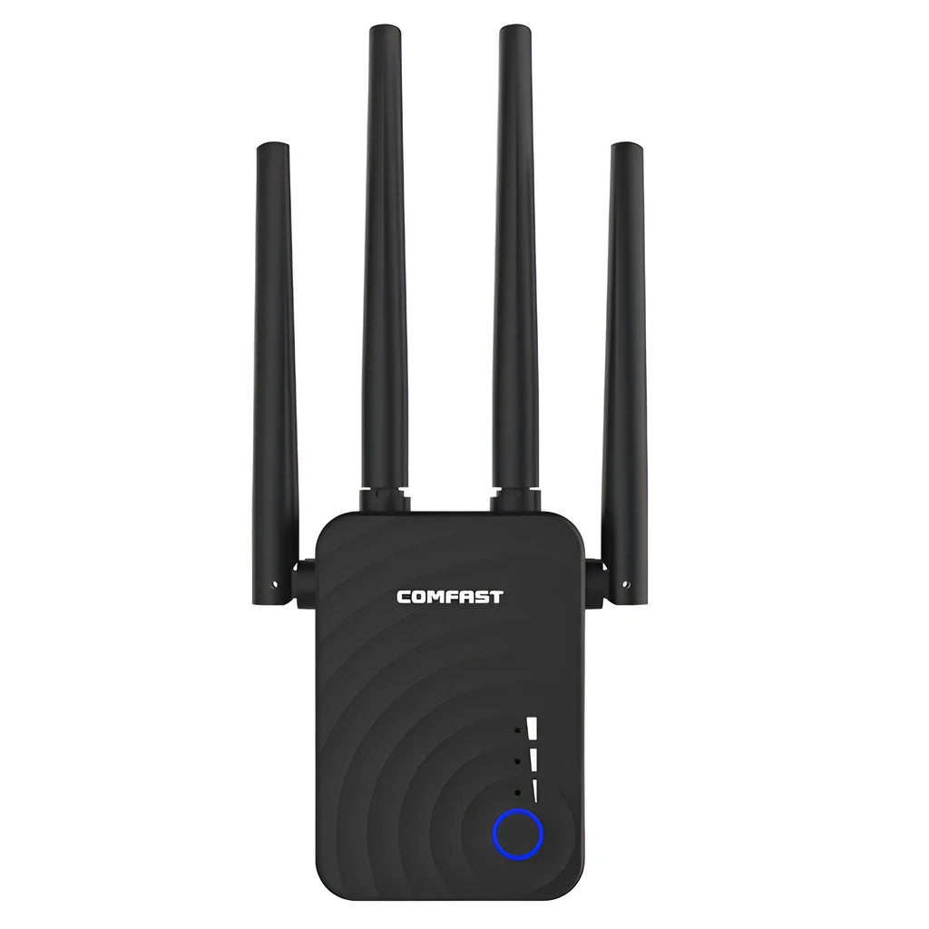 AC1200 dual band WiFi range extender with four 3dBi antennas, black, on white background