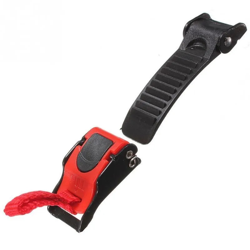 Three black and red plastic quick release helmet chin strap buckle clips on white background