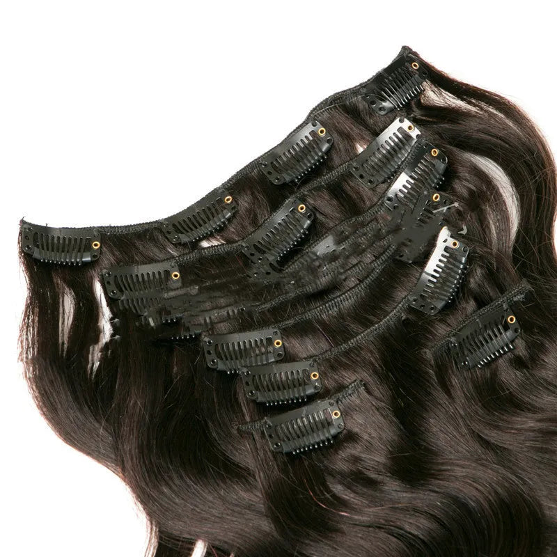 Seven-piece clip-in real hair extension set in black, lengths 16-24 inches, with Qi bangs style