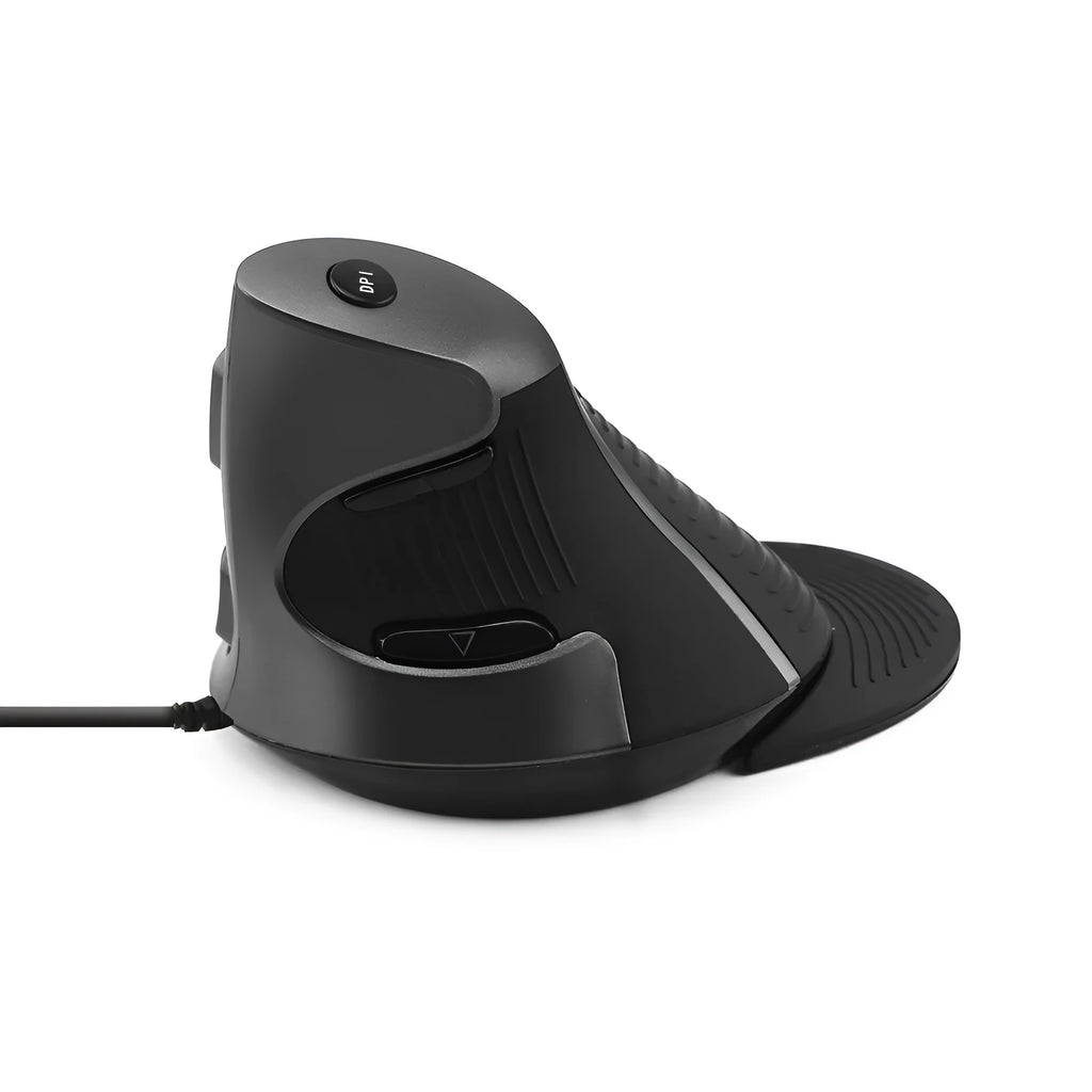Ergonomic vertical computer mouse in black with wired USB cable showing handshake grip position