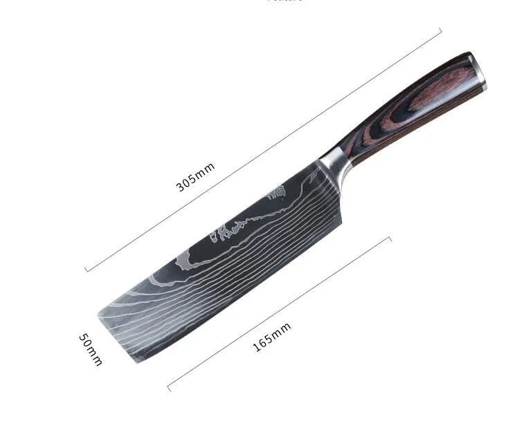 7Cr17 stainless steel chef knife with 18cm blade, laser Damascus pattern, and coloured wood handle