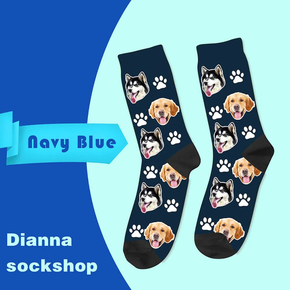 Customised mid-calf socks with a cartoon graphic print in various colours including blue, red, and white.