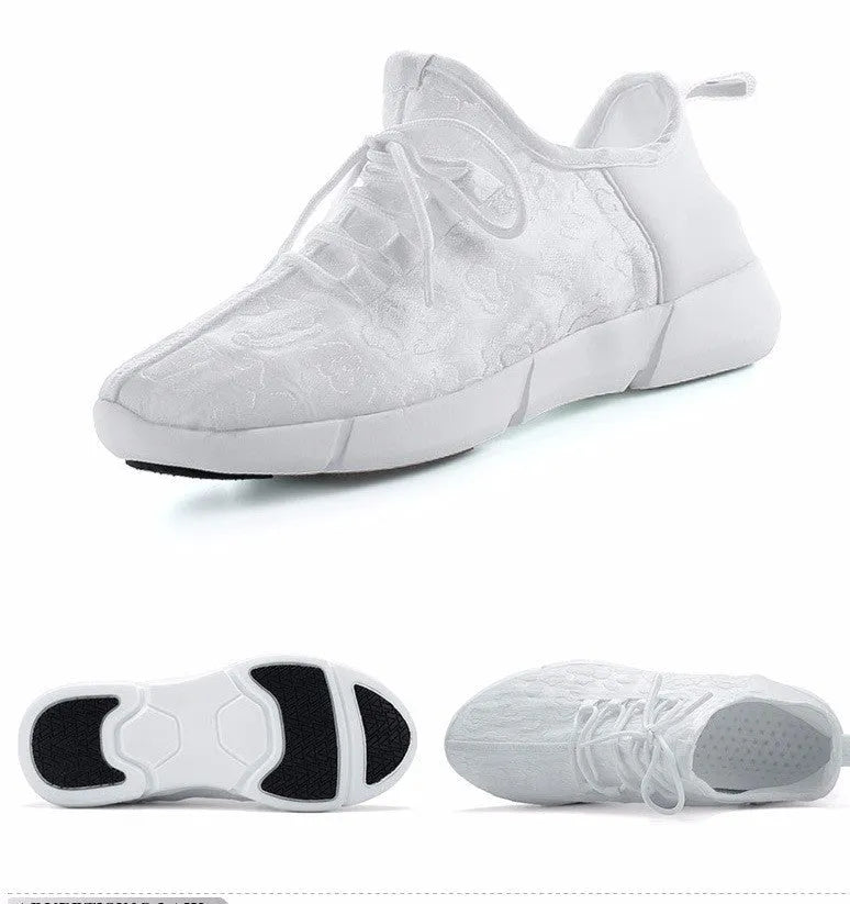 Unisex LED luminous leisure loafers with flying woven upper, EVA sole, shallow mouth, sizes 26-46, white black pink