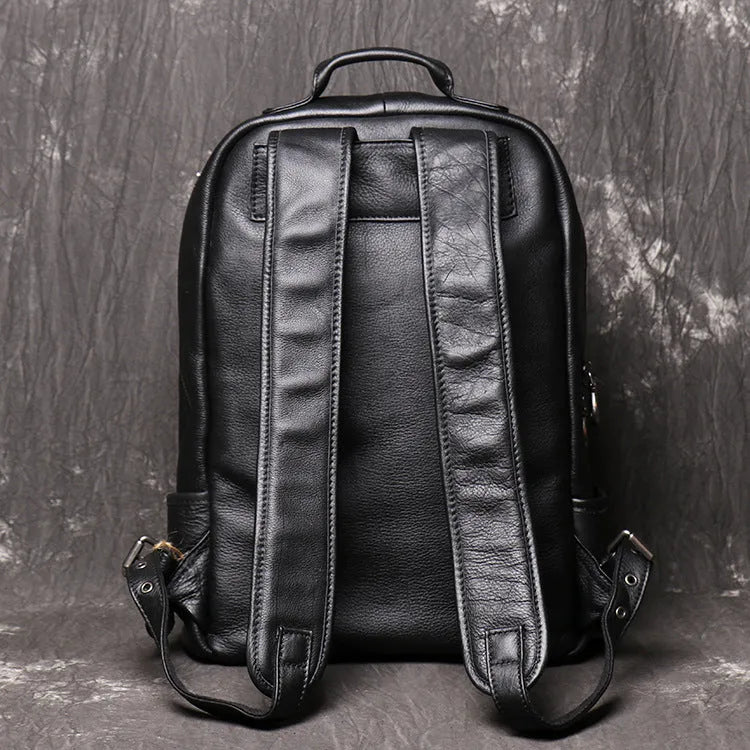 Men's leather handbag backpack in black first layer cowhide with multiple pockets and 30x12x42cm dimensions