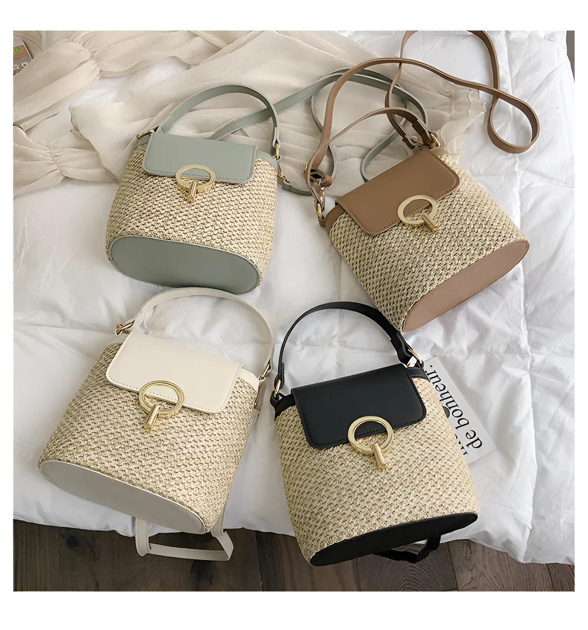 Women's straw woven bucket shoulder bag in black with cover flap, small size, polyester lining