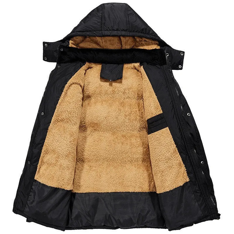 Men's black velvet padded hooded winter jacket with double-breasted placket loose fit