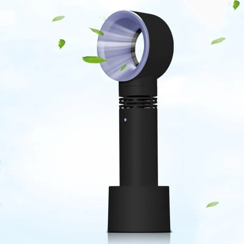 A portable bladeless desk fan with USB charging cable, shown in one of the available colours such as blue, black, or white.