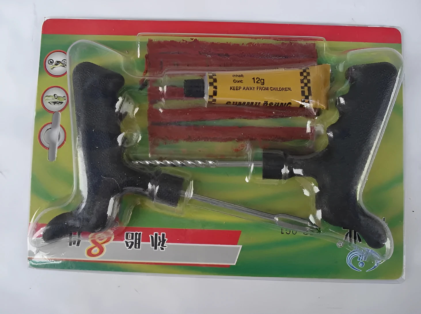 Vacuum tyre repair tool 8-piece set with black or yellow tools, rubber strips, and tyre glue for car and motorcycle repairs