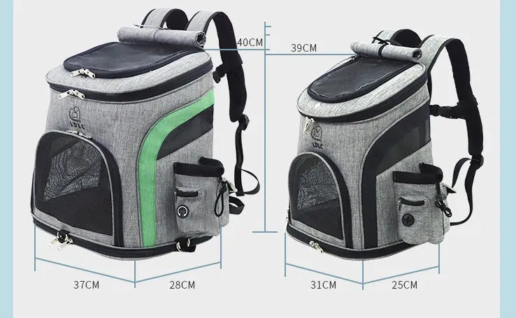 Breathable pet backpack in gray, showing mesh ventilation panels and zippered entry, for cats and dogs up to 20 kg