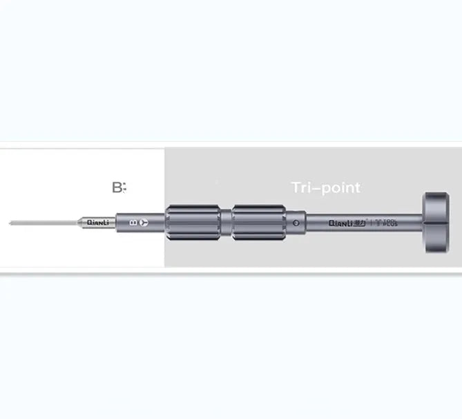 Compatible iPhone precision screwdriver with five bit types in a grenade-shaped aluminium handle.