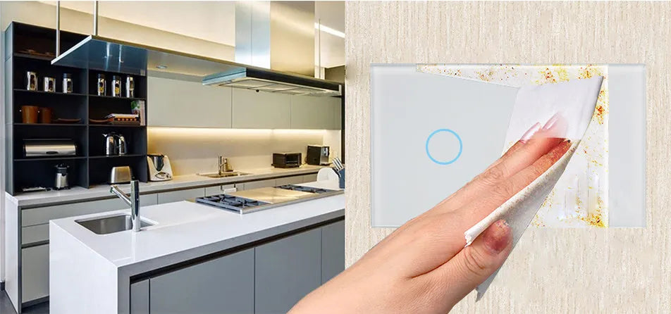 White wireless RF touch light switch with tempered glass panel showing red and blue LED indicators