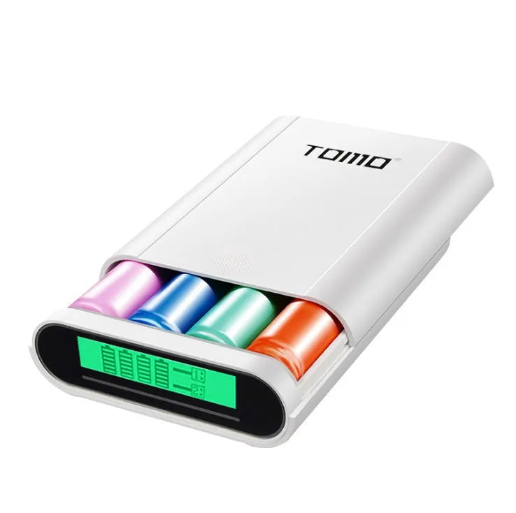 Black and white DIY mobile power box kit for 4x18650 batteries with LCD screen and dual USB outputs.