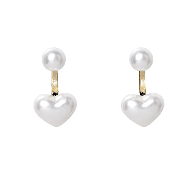 Pair of women's heart-shaped alloy stud earrings with artificial gemstone inlay, Korean style.
